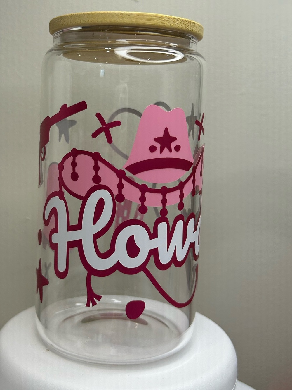 16oz Pink Cowgirl Themed Glass Tumbler w/ Bamboo Lid and Glass Straw